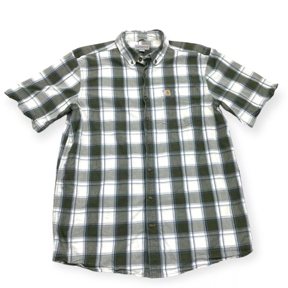Carhartt Shirt Mens Large Button Up Green White Plaid Relaxed Fit Short Sleeve